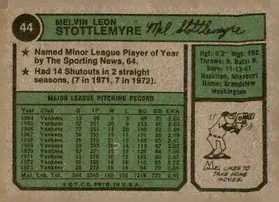 Vintage Mel Stottlemyre baseball card from the 1974 Topps #44 York Yankees collection