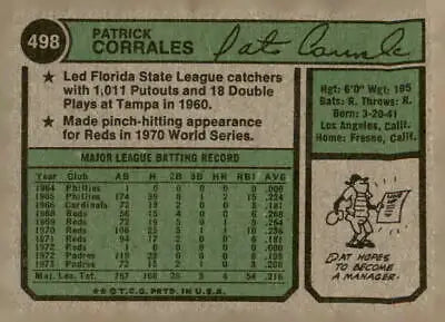 Vintage Pat Corrales baseball card from 1974 Topps #498, San Diego Padres collectible