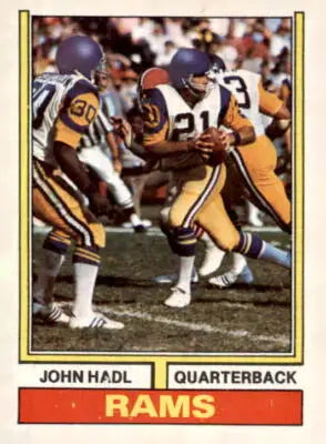 Trading card featuring John Hadl from 1974 Topps #50 in EX-MT condition