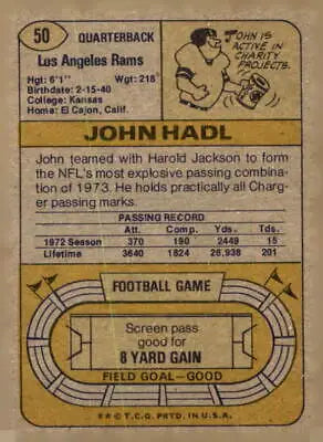 Vintage football trading card featuring John Hadl from 1974 Topps #50