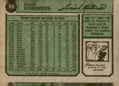 Vintage 1974 Topps Frank Robinson baseball card back from the Frank Robinson baseball collection