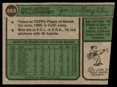 Vintage Jim Willoughby baseball card back from 1974 Topps #553 San Francisco Giants