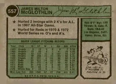 Vintage Jim McGlothlin baseball card from 1974 Topps featuring Chicago White Sox player