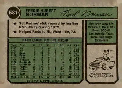 Back of 1974 Topps Fred Norman Cincinnati Reds baseball card showing stats and info