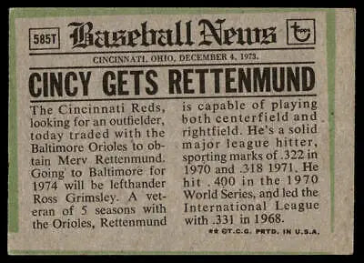 Merv Rettenmund Traded card from the 1974 Topps baseball news collection