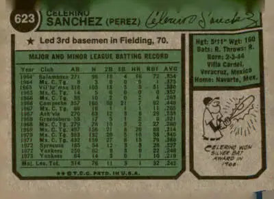 Celerino Sanchez baseball card from 1974 Topps #623 showcasing Celerino Sanchez’s vintage baseball collectible