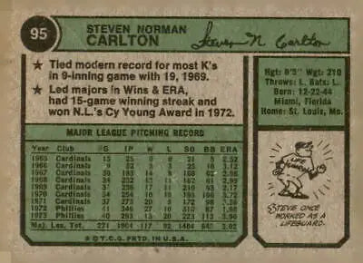 Vintage baseball card back featuring 1974 Topps Steve Carlton #95 for collectors