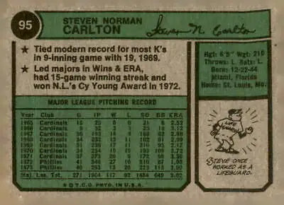 Vintage 1974 Topps Steve Carlton baseball card back front view with classic design
