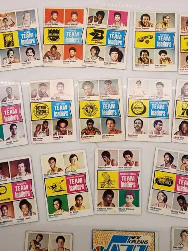Vintage basketball trading cards featuring 1974 Topps NBA ABA team leaders lot