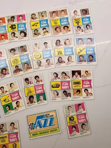 Vintage basketball trading cards showcasing 1974 Topps NBA ABA Team Leaders lot
