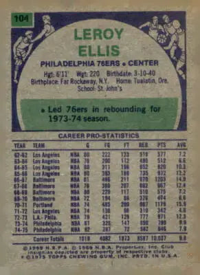 Leroy Ellis basketball card from 1975-76 Topps series featuring Philadelphia 76ers player