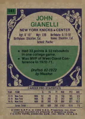 Vintage John Gianelli basketball card from 1975-76 Topps #141 featuring John Gianelli