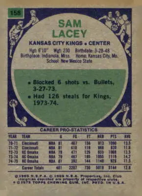 Vintage Sam Lacey Kansas City Kings basketball card from 1975-76 Topps series