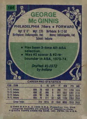 Vintage 1975-76 Topps #184 George McGinnis trading card for sports trading enthusiasts