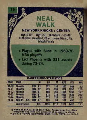 Neal Walk 1975-76 Topps basketball trading card featuring Neal Walk in mint condition