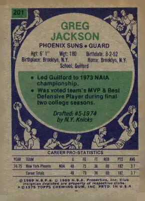 Sports trading card of Greg Jackson from 1975-76 Topps #201, ex-mt condition