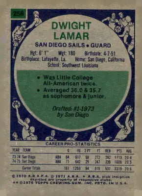 Dwight Lamar NBA League trading card from 1975-76 Topps #256 EX-MT