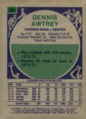 Vintage sports trading card of Dennis Awtrey from the 1975-76 Topps series