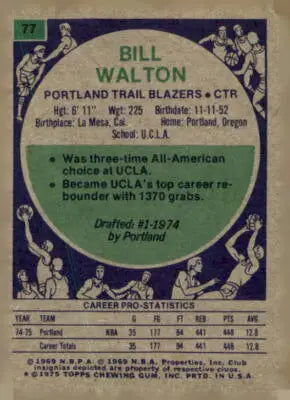 Bill Walton basketball card back from 1975-76 Topps sports trading card collection