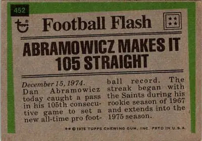 Back of 1975 Topps #452 Dan Abramowicz football card showcasing vintage design