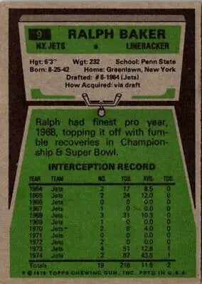 Vintage Ralph Baker football card from the 1975 Topps #9 collection