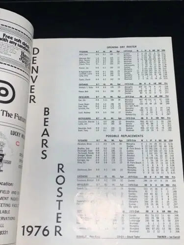 Denver Bears roster in 1976 Montreal Expos Farm Club Souvenir Program by Vern Rapp