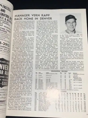 Vern Rapp baseball article in 1976 Denver Bears Montreal Expos Farm Club program