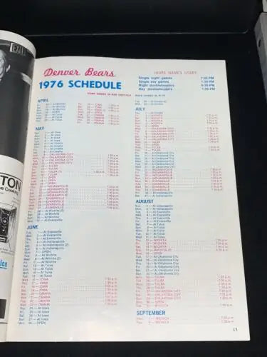 1976 Denver Bears schedule in Montreal Expos Farm Club souvenir program by Vern Rapp