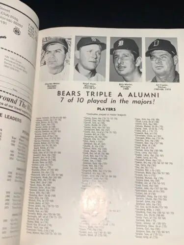 Baseball team alumni page for 1976 Denver Bears Montreal Expos Farm Club program