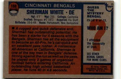 Vintage Sherman White football card from 1976 Topps #168 featuring Sherman White football memorabilia