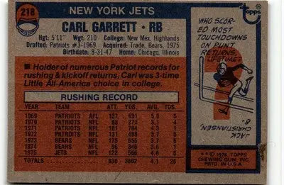 Vintage Carl Garrett football card from 1976 Topps #218 showcasing Garrett vintage football