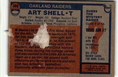 Vintage Art Shell football card from 1976 Topps showcasing Oakland Raiders memorabilia