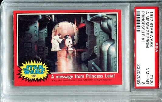 Graded 1977 Topps Star Wars trading card featuring A Message from Princess Leia PSA 8