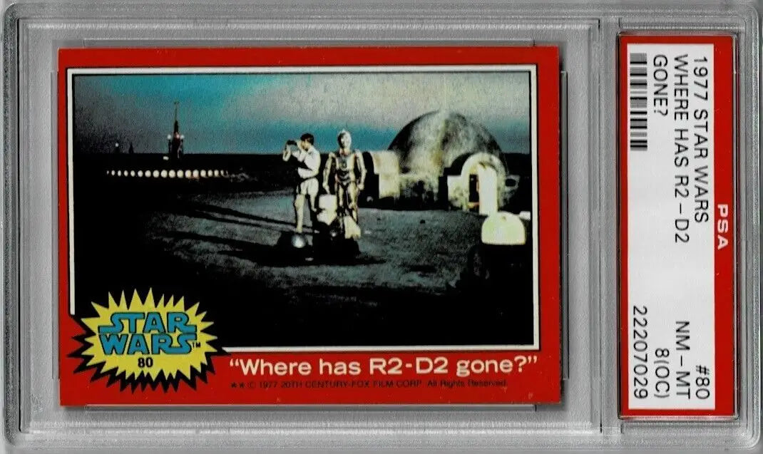 Graded Topps Star Wars trading card featuring R2-D2 in PSA 8 condition