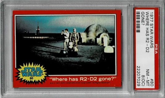 Graded Topps Star Wars trading card featuring R2-D2 in PSA 8 condition