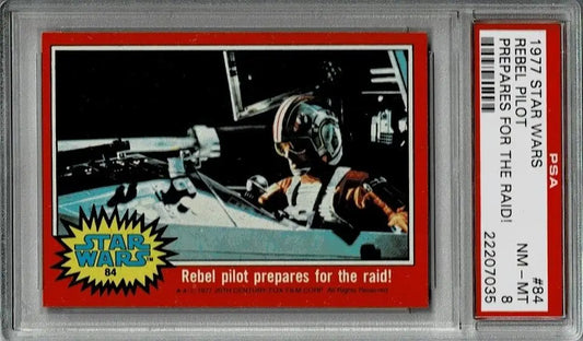 Graded 1977 Topps Star Wars Trading Card #84 Rebel Pilot Prepares for Raid PSA 8