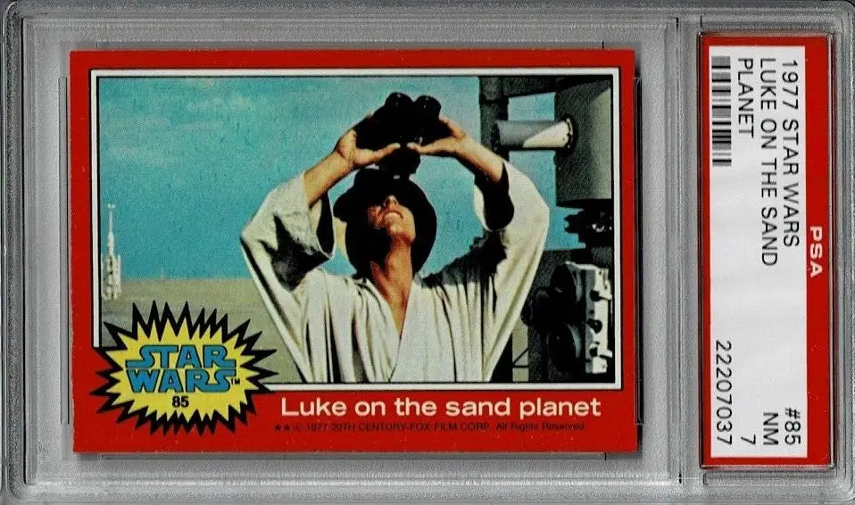 Graded 1977 Topps Star Wars Trading Card featuring Luke on the sand planet PSA 7