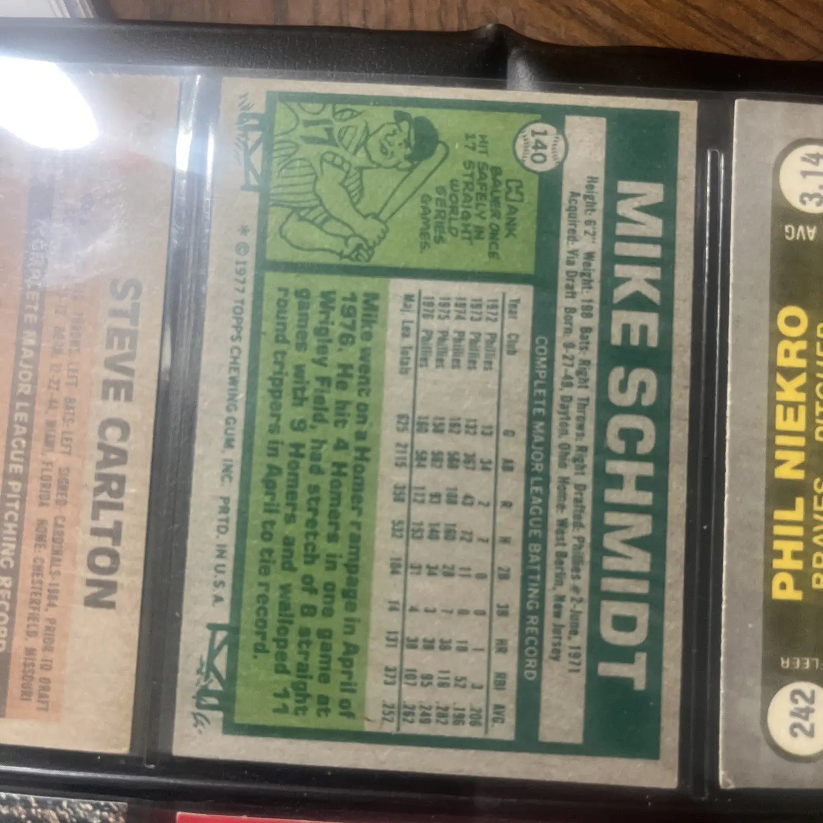 Vintage baseball card of Mike Schmidt HOF from 1977 Topps #140 collectible series