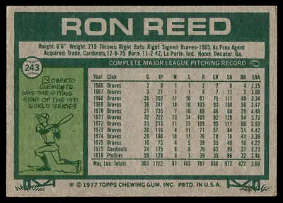 Ron Reed 1977 Topps #243 trading card showcasing classic baseball memorabilia