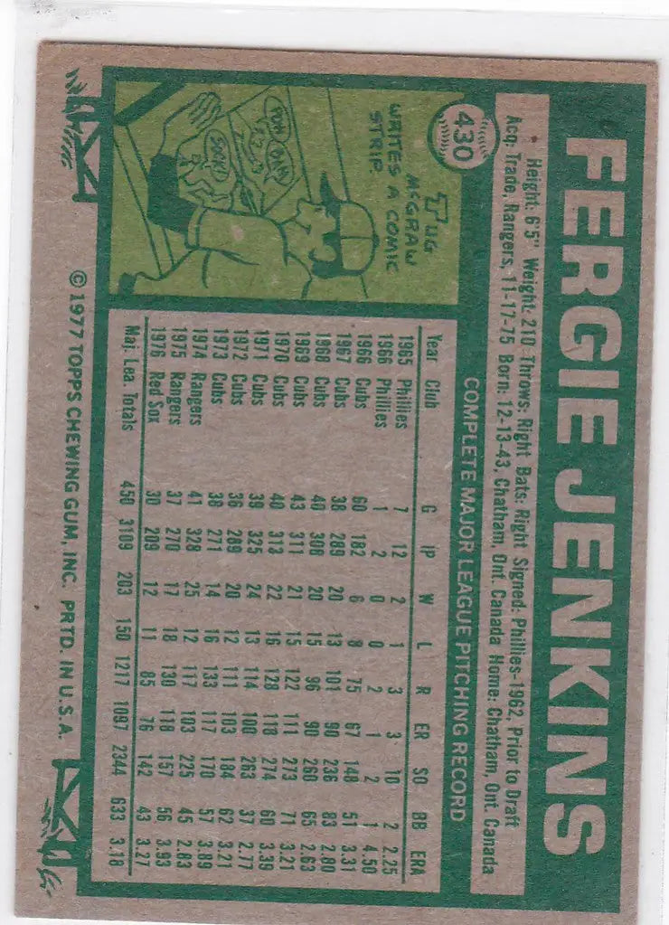 1977 Topps #430 Fergie Jenkins Boston Red Sox card with player stats and illustration