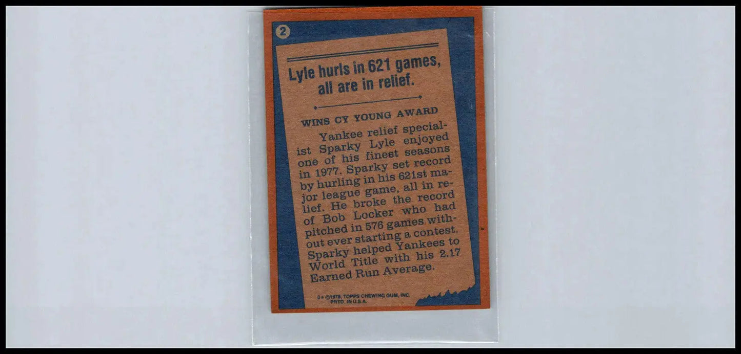 1978 Topps #2 Sparky Lyle baseball card for collectors and trading cards enthusiasts