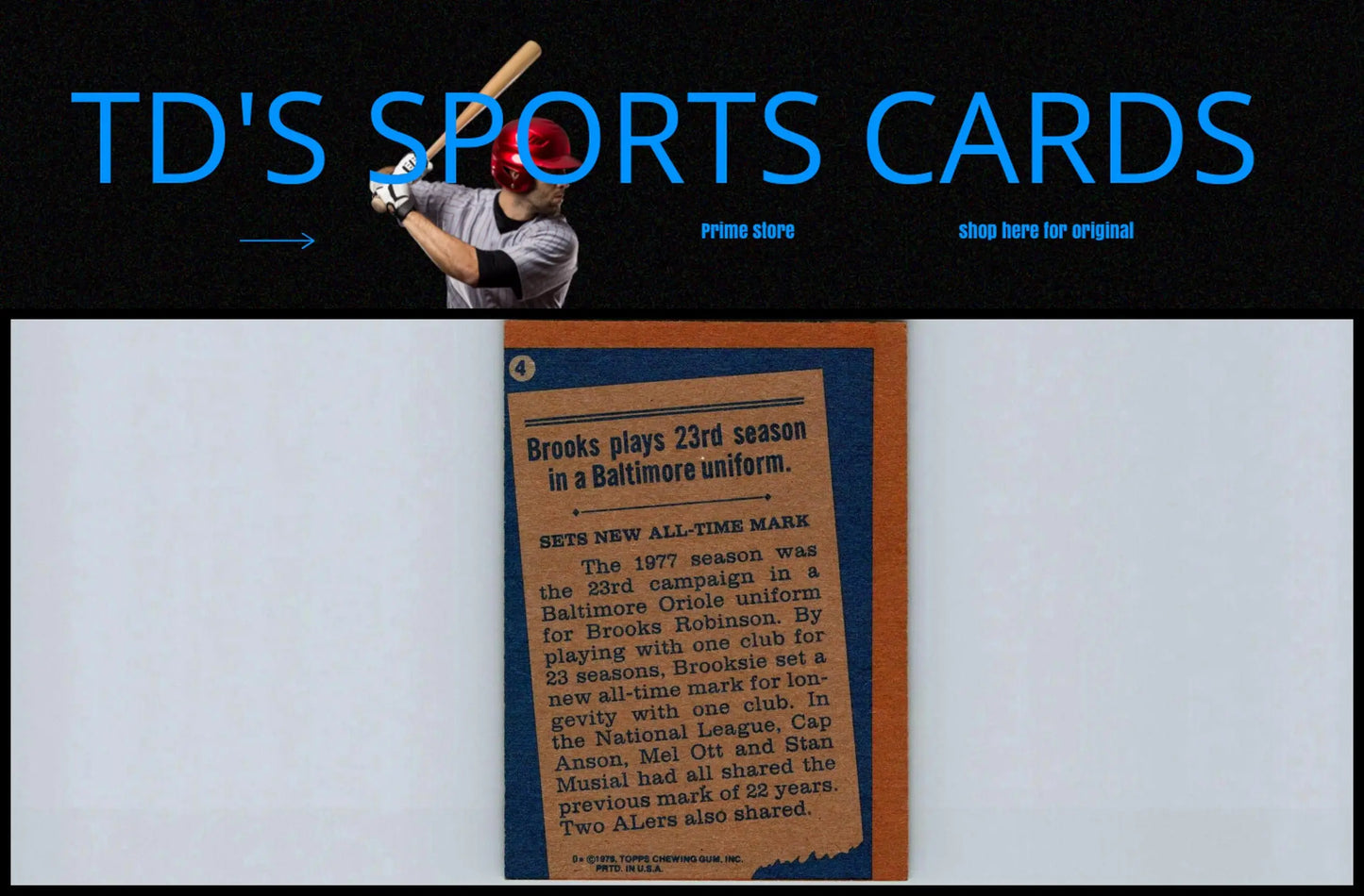 Vintage baseball card featuring 1978 Topps #4 Brooks Robinson trading cards