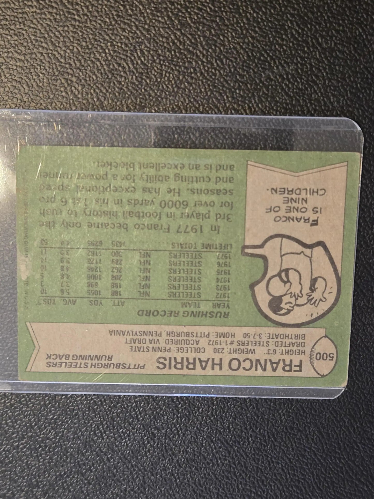 Vintage 1978 Topps Franco Harris football trading card in protective sleeve