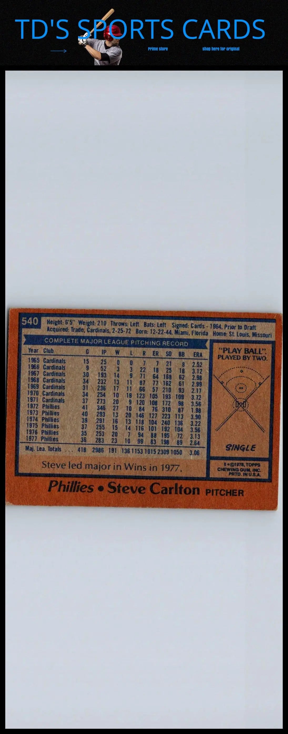 Back of 1978 Topps #540 Steve Carlton trading card showcasing player stats and details
