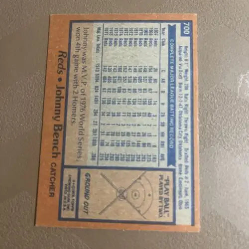 Vintage Johnny Bench trading card from 1978 Topps - #700 Johnny Bench HOF