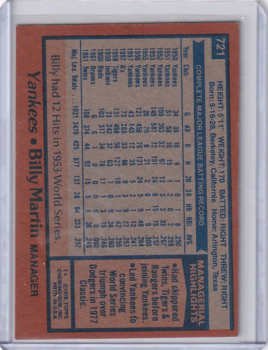 Vintage 1978 Topps Baseball Billy Martin Manager card with stats and highlights