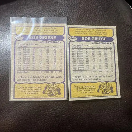 Two Bob Griese football sports trading cards from 1979 Topps #440 HOF