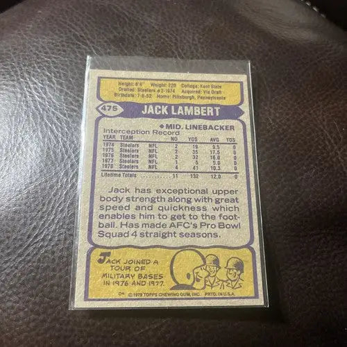 Jack Lambert football trading card from 1979 Topps #475 showcasing Hall of Famer