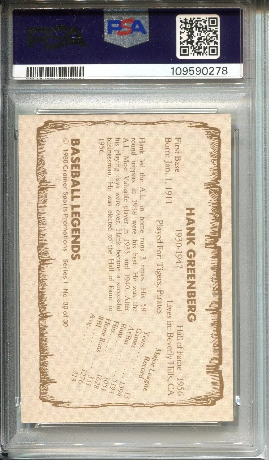 1980 Cramer Pacific Legends #30 Hank Greenberg HOF Auto Signed Autograph PSA DNA