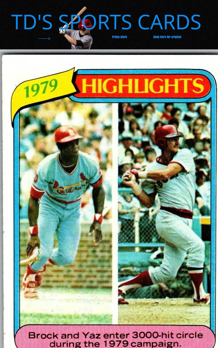 1979 Baseball highlights card featuring Lou Brock and Carl Yastrzemski from 1980 Topps trading cards